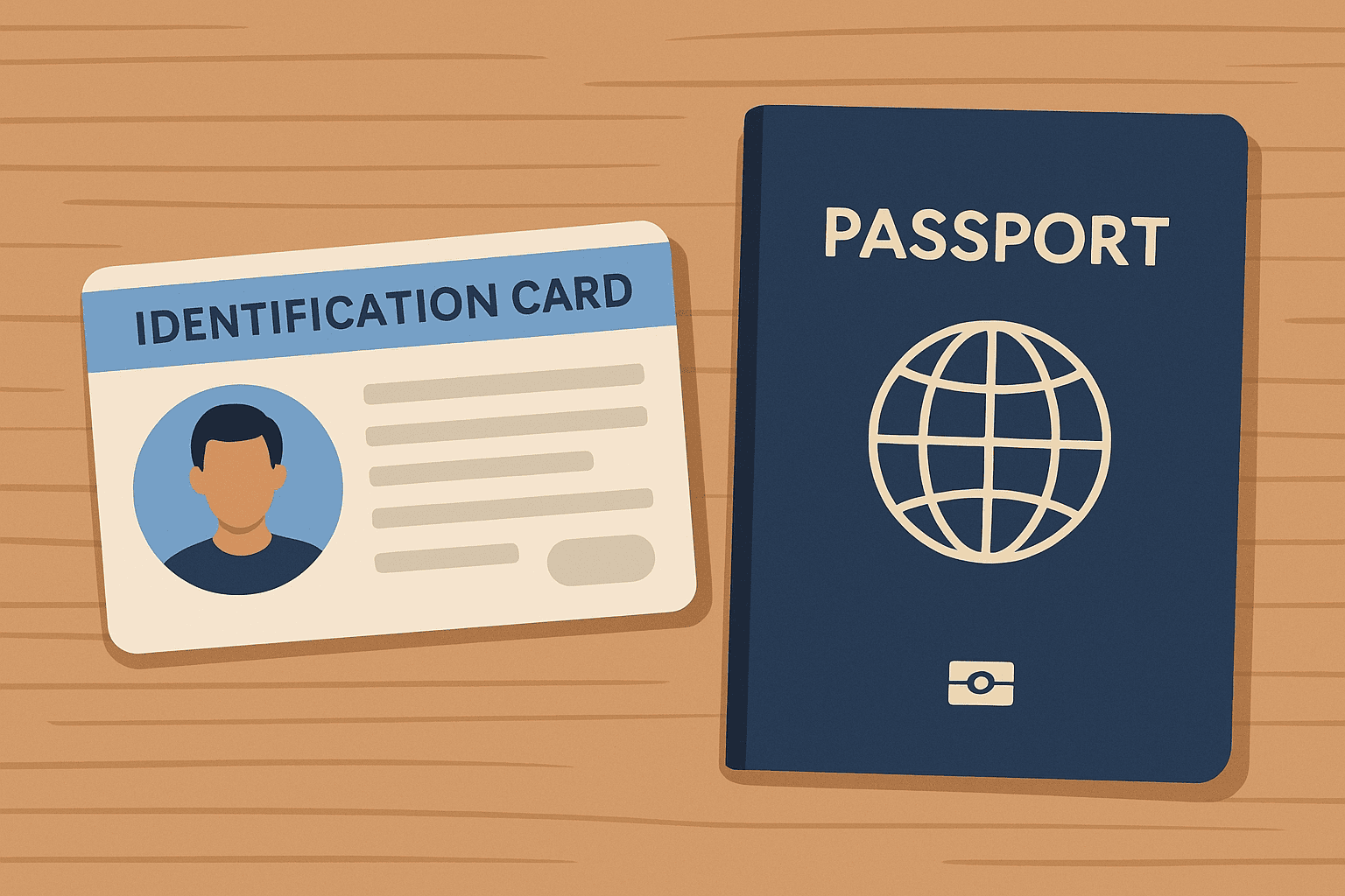 Cartoon-style illustration of an identification card and a passport side by side on a table, representing the need for valid ID at a loan signing.