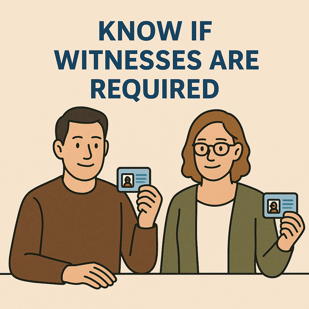 Cartoon-style illustration of two witnesses holding up their ID cards, with the heading “Know If Witnesses Are Required” above them.