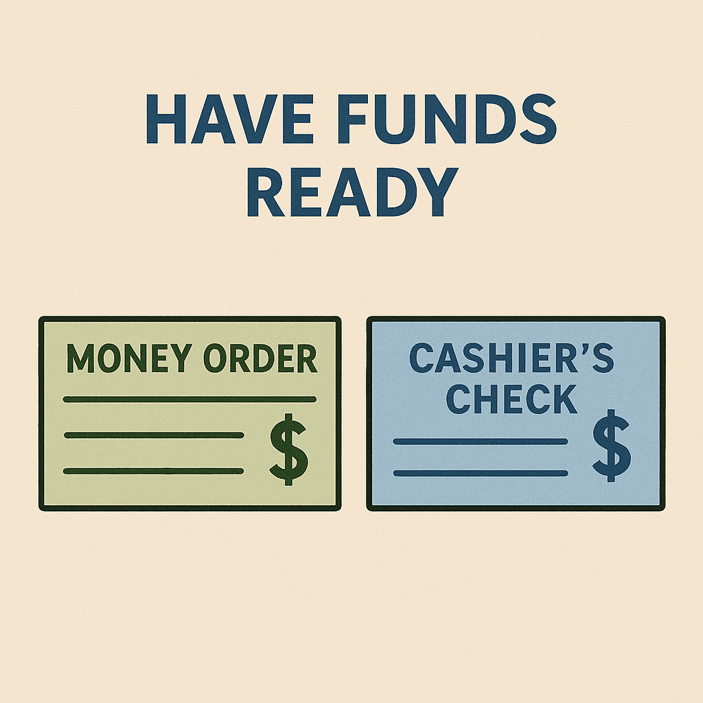 Flat-style illustration of a green money order and a blue cashier’s check side by side, with the heading “Have Funds Ready” above them