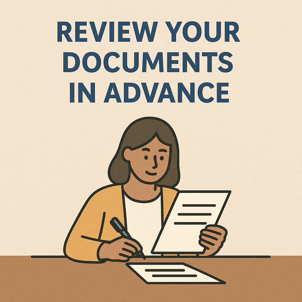 Cartoon-style illustration of a woman sitting at a table, carefully reading a document with additional papers and a pen in front of her. The heading reads “Review Your Documents in Advance.”
