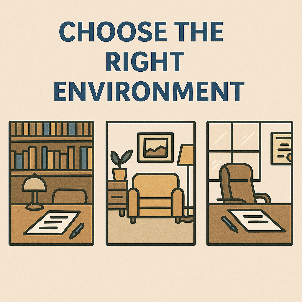 Flat illustration showing three panels of proper signing environments: a library desk with books, a home setting with a lamp and plant, and a professional office desk with paperwork.