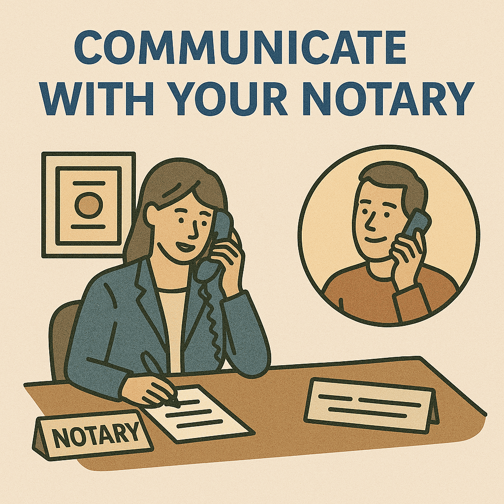 Cartoon-style illustration of a notary on the phone at her desk with documents, speaking to a customer shown in a circular frame, with the heading “Communicate With Your Notary.”