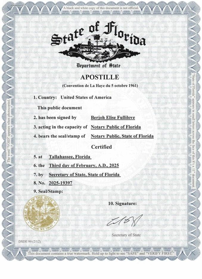 image of an apostille certificate issued by state of Florida